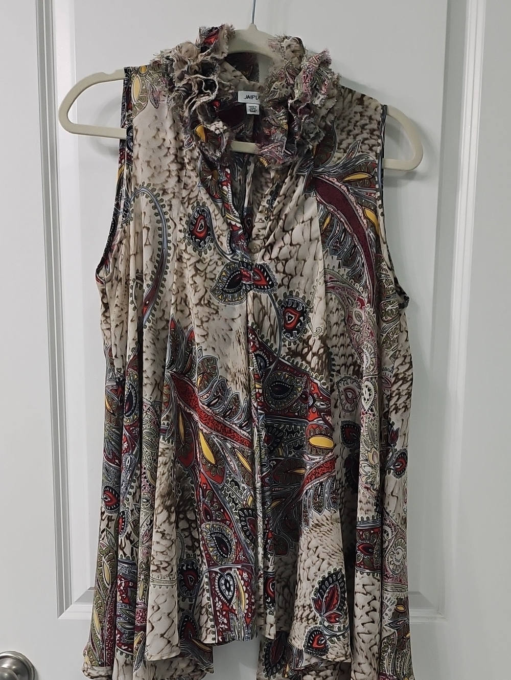 Jaipur Paisley Ruffle-Neck Sleeveless Camisole in Beige, Orange and Yellow